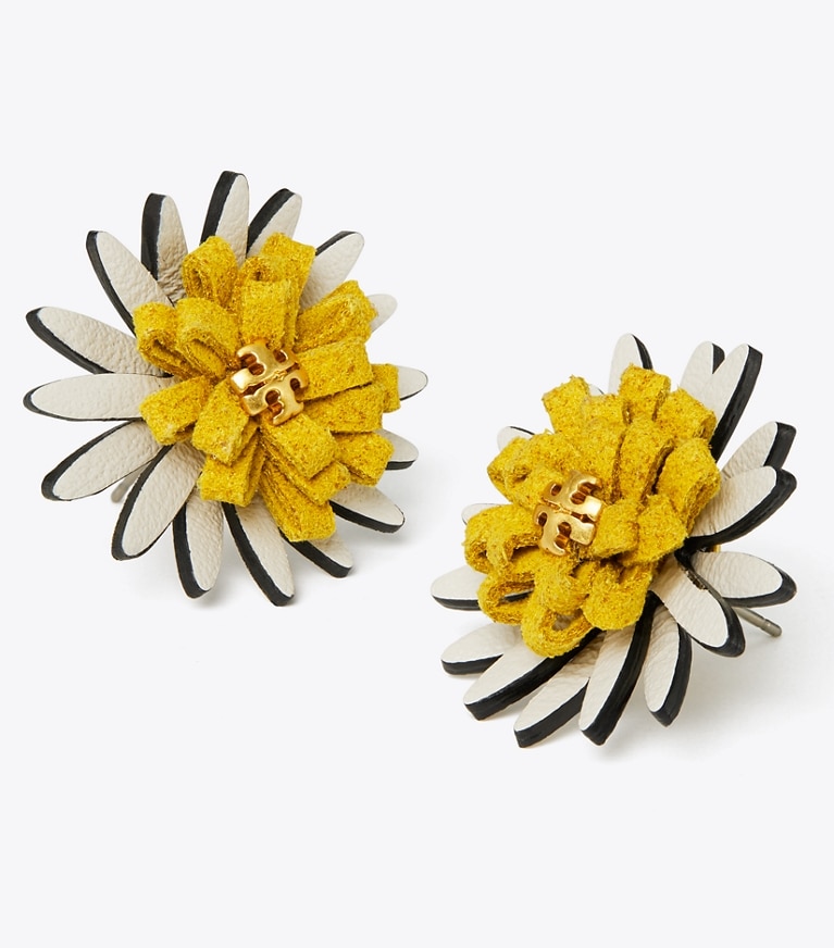 Tory Burch designer earrings Daisy Stud Earring in Rolled Brass / New Ivory / Yellow front