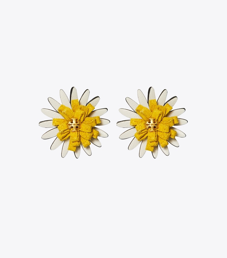 Tory Burch designer earrings Daisy Stud Earring in Rolled Brass / New Ivory / Yellow front