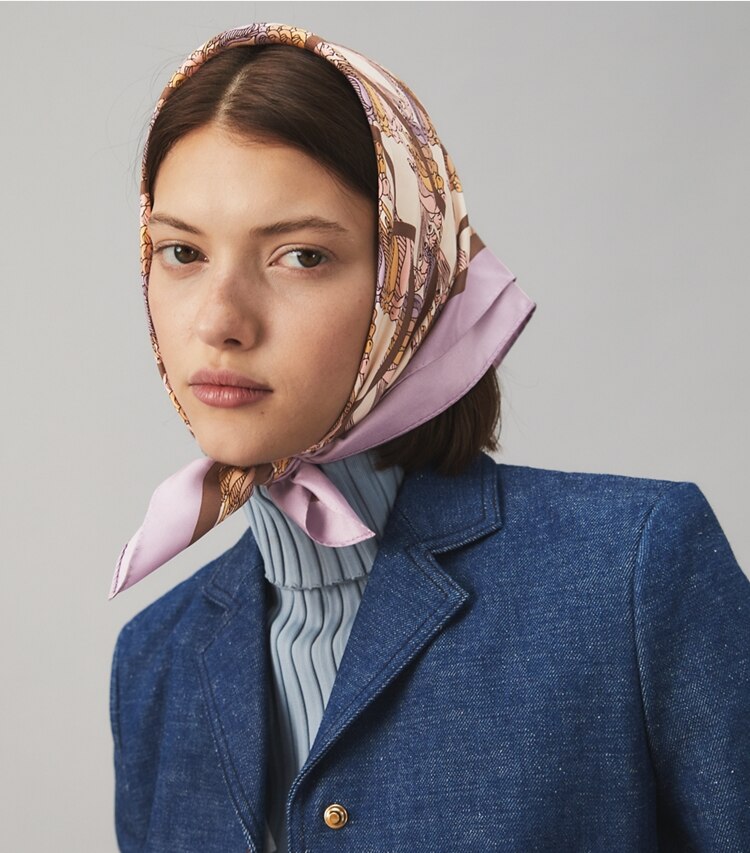 Tory Burch designer scarves Deco Crane Geo Logo Silk Neckerchief in BLUSH DECO CRANE GEO accessory on model