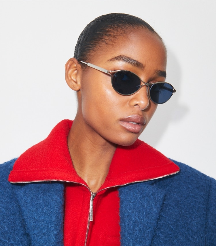 Tory Burch designer sunglasses & eyewear Deco Runway Sunglasses in SILVER/DARK BLUE accessory on model