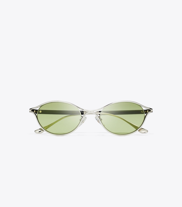 Tory Burch designer sunglasses & eyewear Deco Runway Sunglasses in SILVER/GREEN overhead