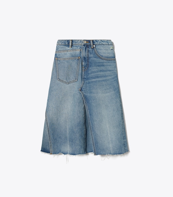 Tory Burch designer bottoms Deconstructed Denim Skirt in Worn Vintage Wash front