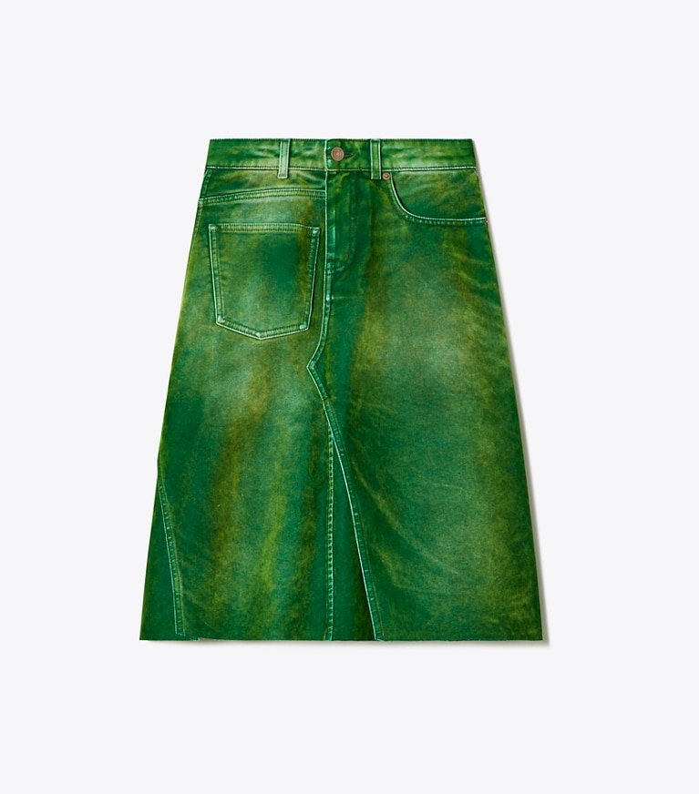 Tory Burch designer bottoms Deconstructed Denim Skirt in Soft Emerald front