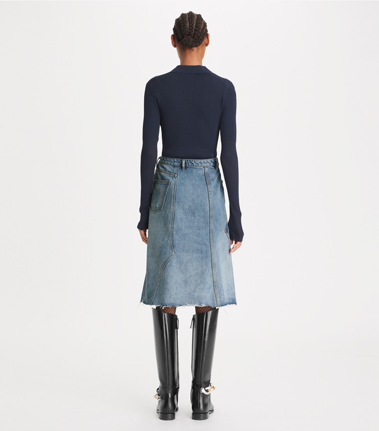 Tory Burch designer bottoms Deconstructed Denim Skirt in Worn Vintage Wash on model back