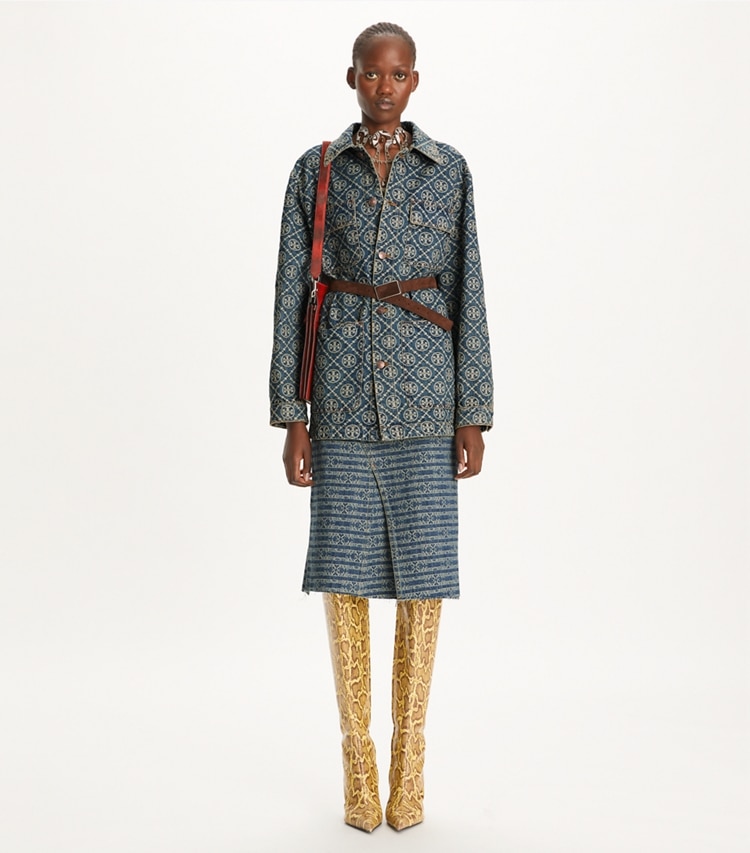 Tory Burch designer bottoms Deconstructed Denim Skirt in Sublime Jacquard + Vintage Wash on model front