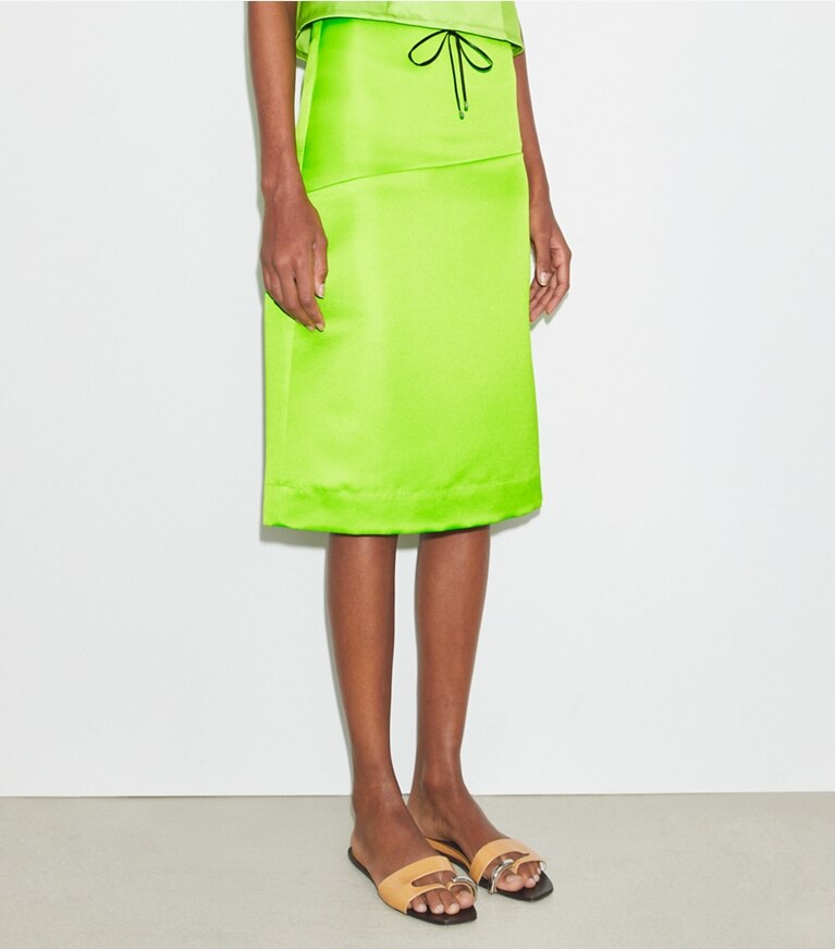 Tory Burch designer bottoms Deconstructed Satin Skirt in Vivid Lime front