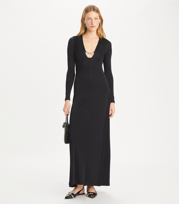 Tory Burch designer dresses Deep U-Neck Jessa Viscose Dress in Black on model front