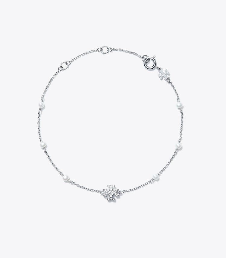 Tory Burch designer bracelets Delicate Kira Pearl Bracelet in Tory Silver / Crystal / Pearl front