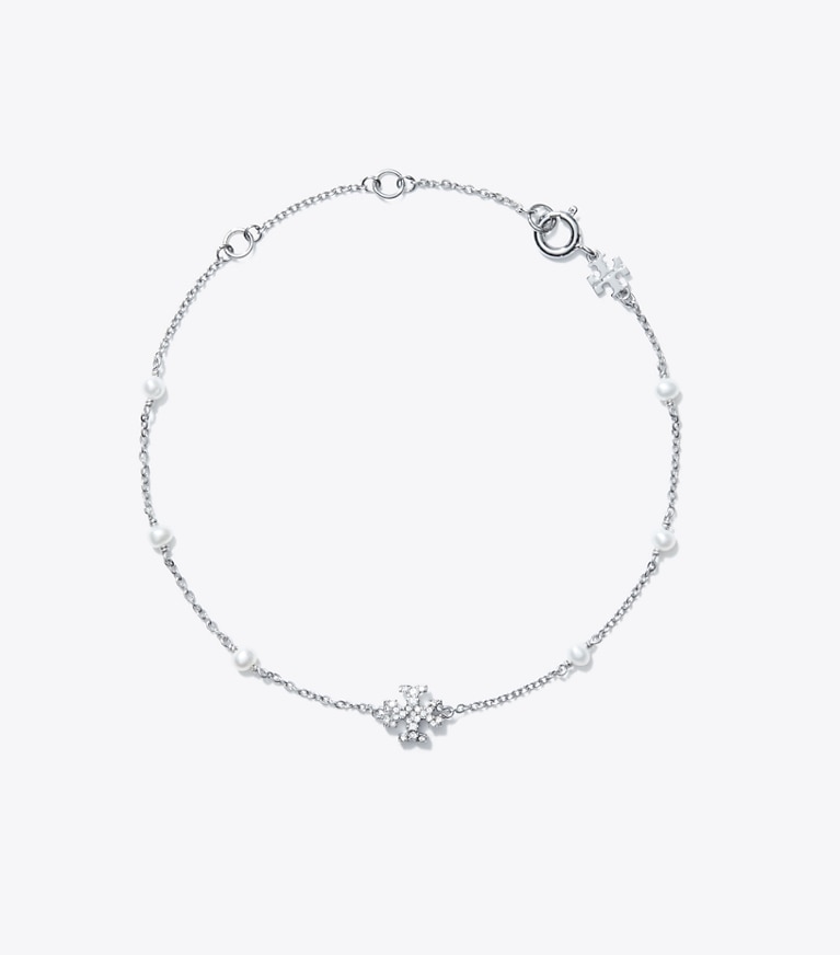 Tory Burch designer bracelets Delicate Kira Pearl Bracelet in Tory Silver / Crystal / Pearl front