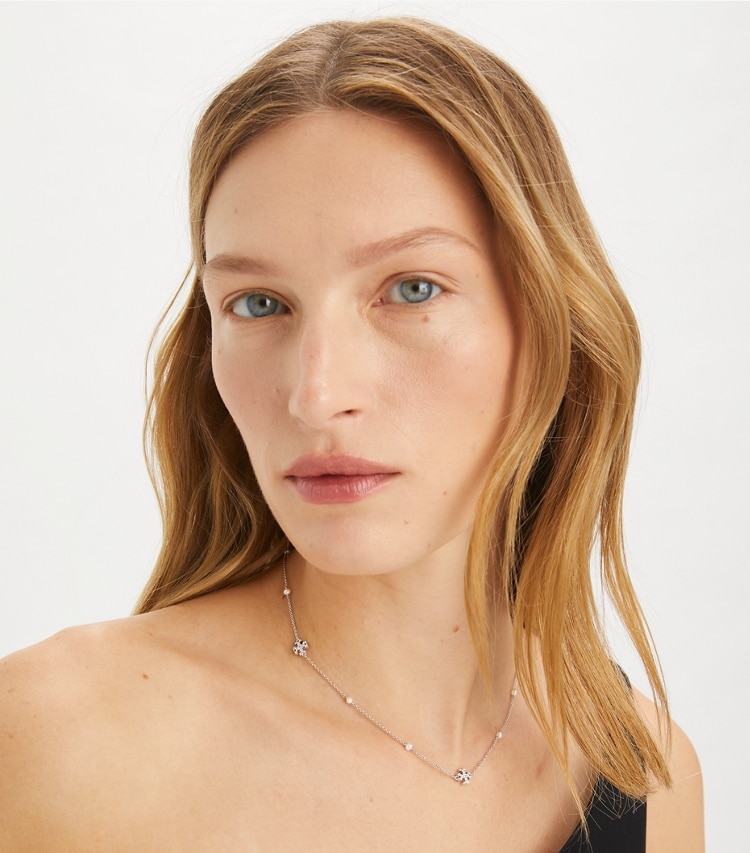 Tory Burch designer necklaces Delicate Kira Pearl Necklace in Tory Silver / Crystal / Pearl accessory on model