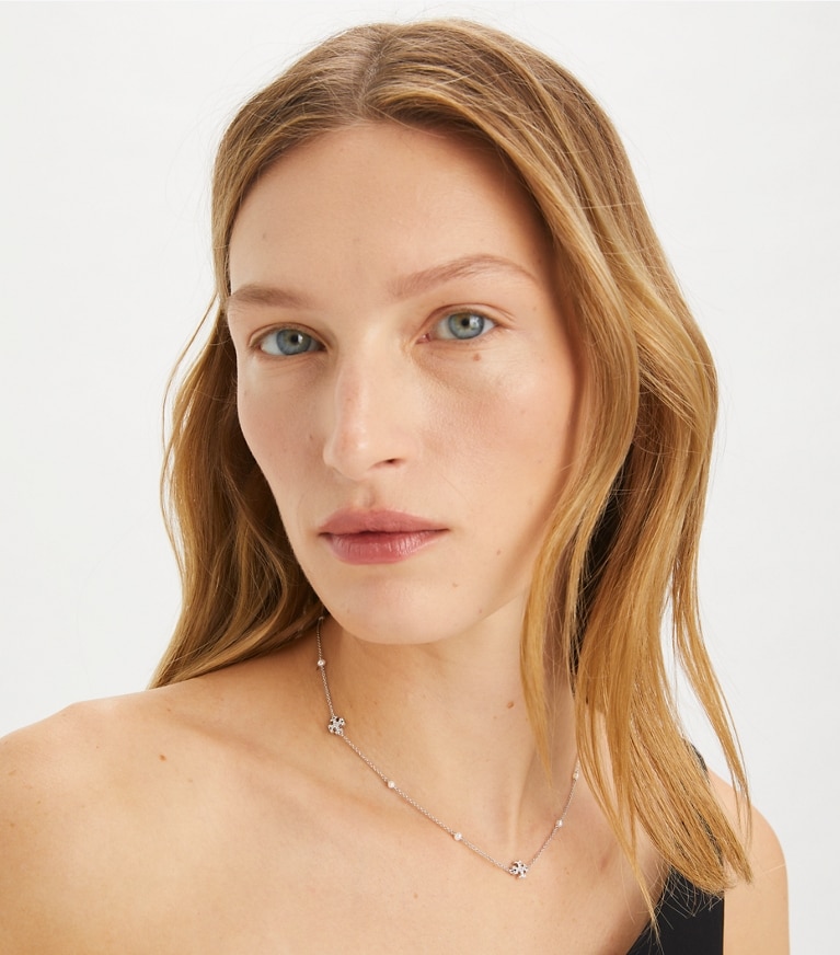 Tory Burch designer necklaces Delicate Kira Pearl Necklace in Tory Silver / Crystal / Pearl front