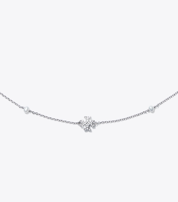 Tory Burch designer necklaces Delicate Kira Pearl Necklace in Tory Silver / Crystal / Pearl detail