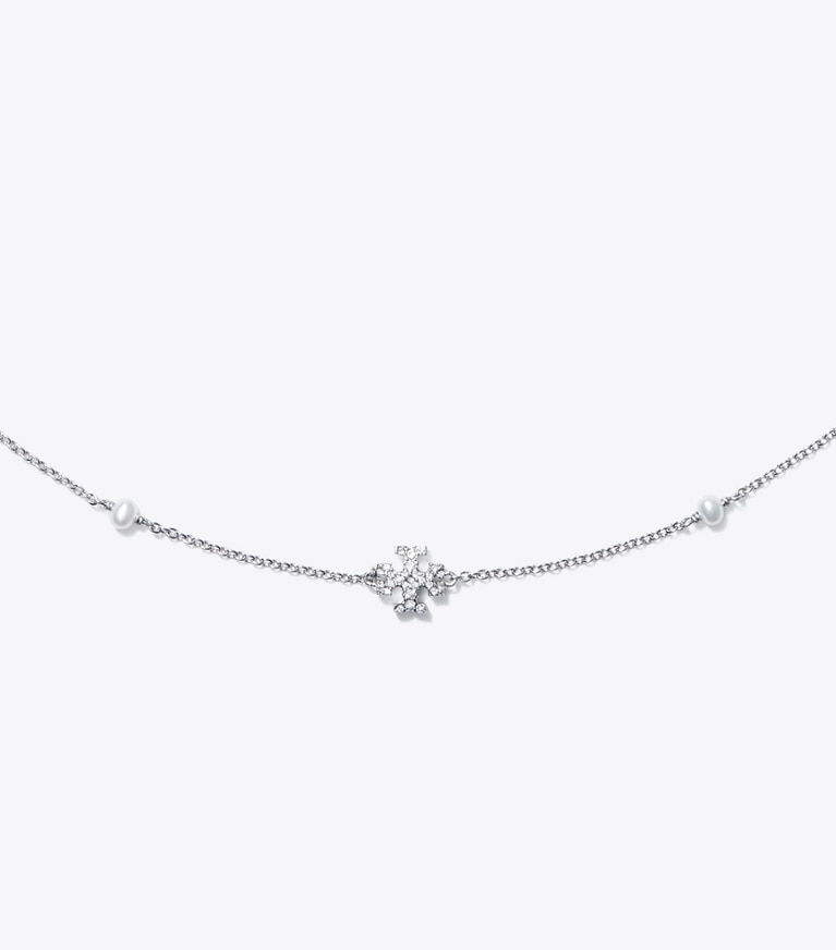 Tory Burch designer necklaces Delicate Kira Pearl Necklace in Tory Silver / Crystal / Pearl front