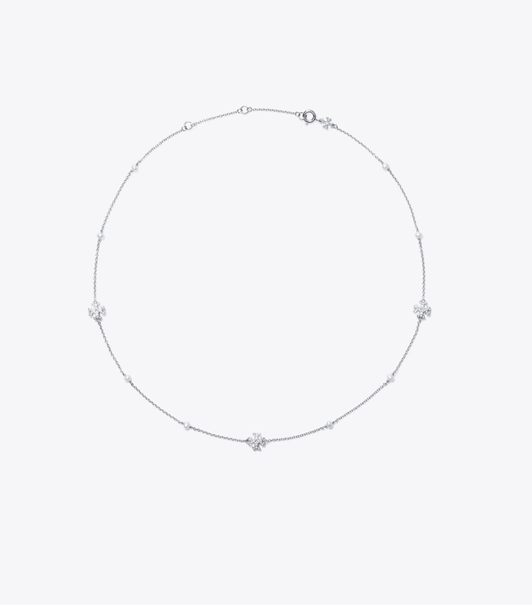 Tory Burch designer necklaces Delicate Kira Pearl Necklace in Tory Silver / Crystal / Pearl front