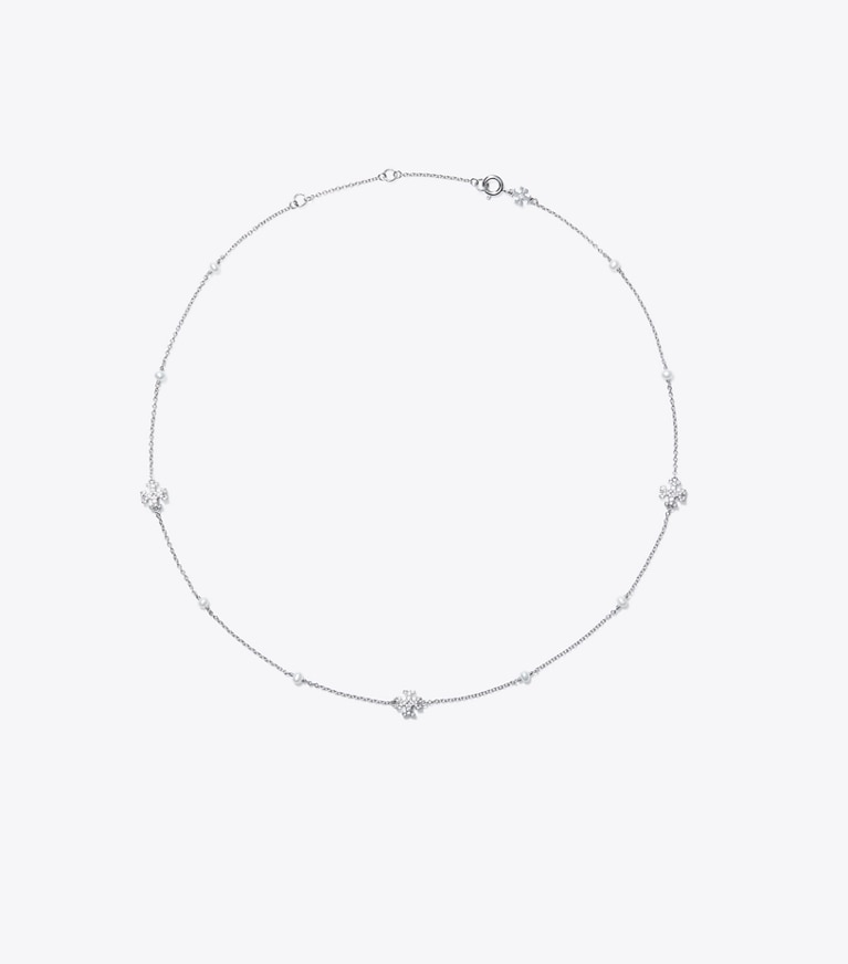 Tory Burch designer necklaces Delicate Kira Pearl Necklace in Tory Silver / Crystal / Pearl front
