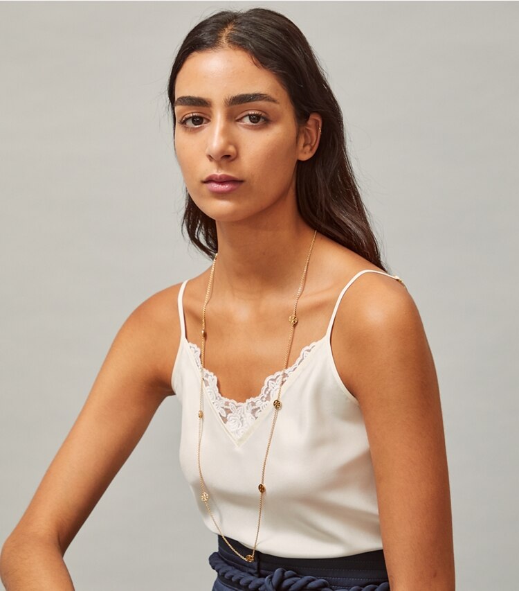 Tory Burch designer necklaces Delicate Miller Long Necklace in Tory Gold accessory on model