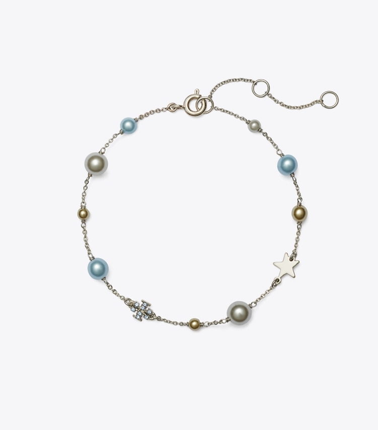 Tory Burch designer bracelets Delicate Moondance Pearl and Star Bracelet in Tory Silver / Light Sapphire / Pearl front