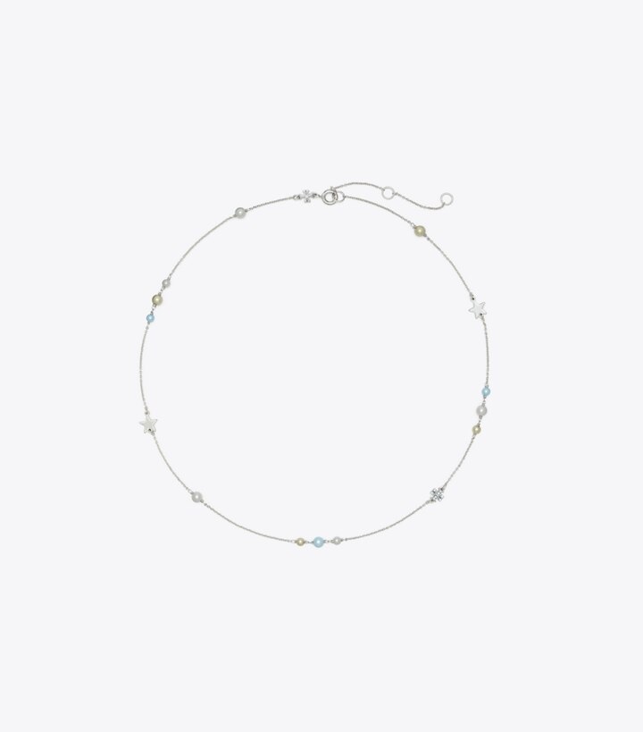 Tory Burch designer ネックレス ムーンダンス デリケート パール＆スター ネックレス in Tory Silver / Light Sapphire / Pearl front