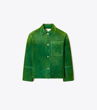 Tory Burch designer jackets Denim Barn Jacket in Soft Emerald front