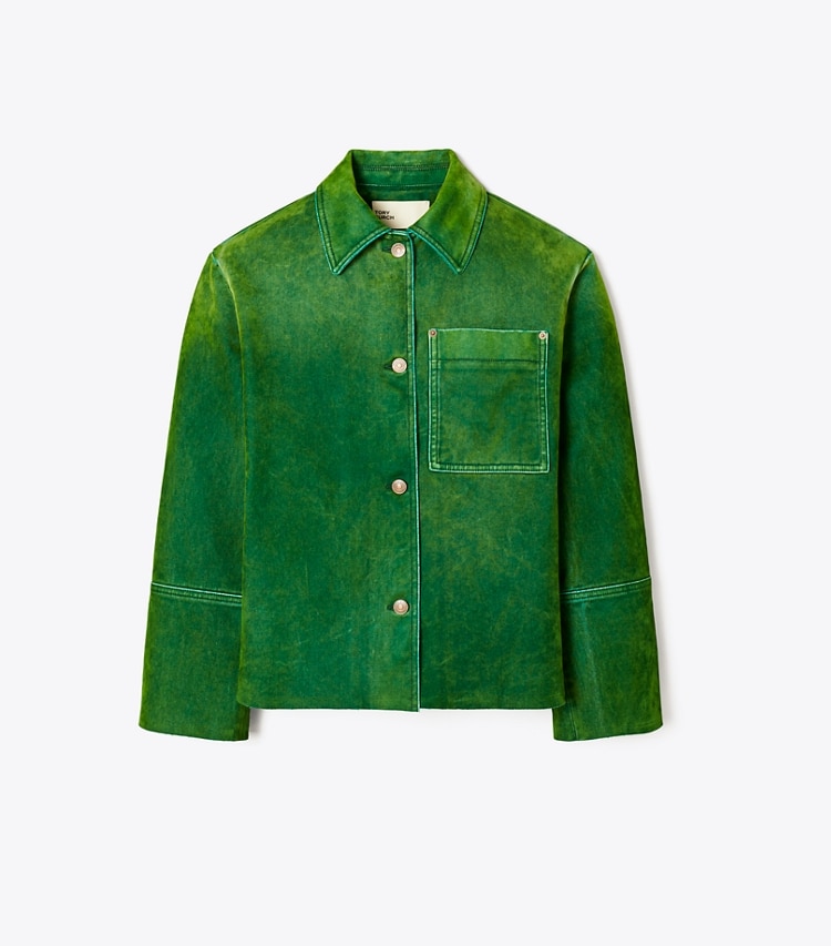 Tory Burch designer jackets Denim Barn Jacket in Soft Emerald front