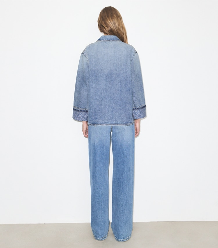 Tory Burch designer jackets Denim Barn Jacket in Light Vintage Wash on model back