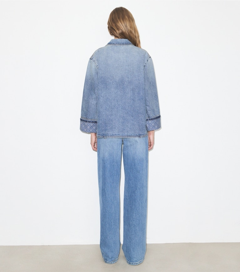 Tory Burch designer jackets Denim Barn Jacket in Light Vintage Wash on model back