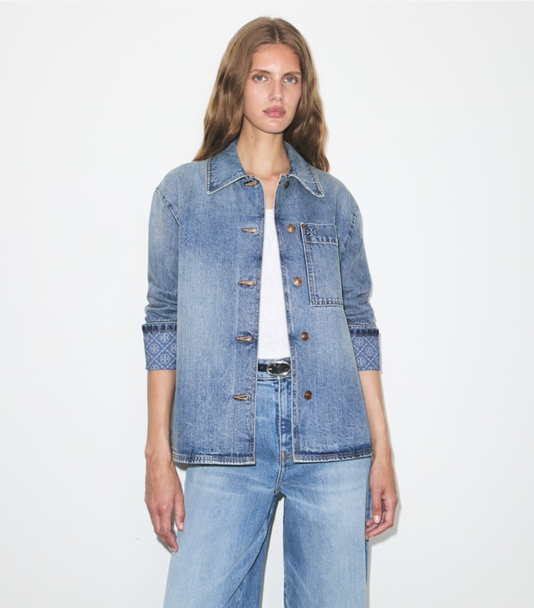 Tory Burch designer jackets Denim Barn Jacket in Light Vintage Wash on model detail