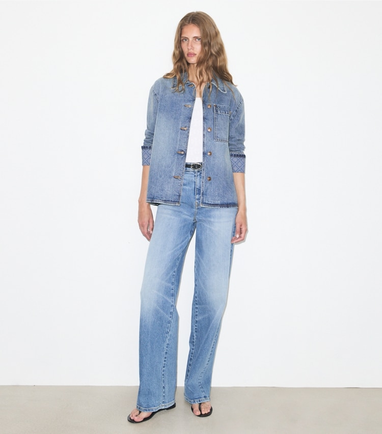 Tory Burch designer jackets Denim Barn Jacket in Light Vintage Wash on model front