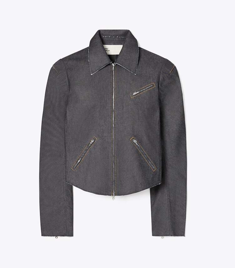 Tory Burch designer jackets Denim Biker Jacket in Unwashed Raw Indigo front