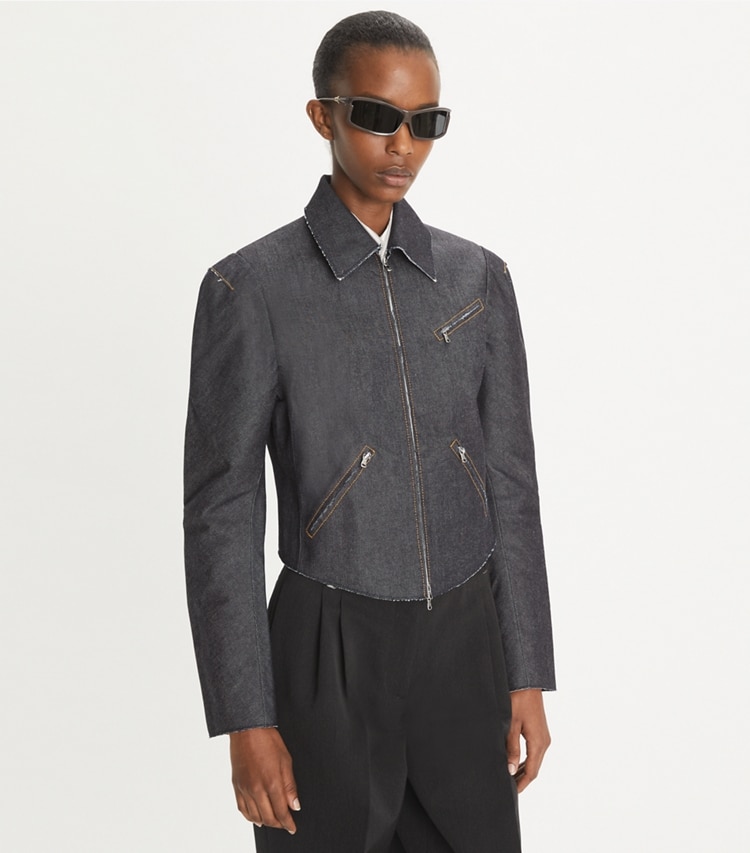 Tory Burch designer jackets Denim Biker Jacket in Unwashed Raw Indigo on model detail