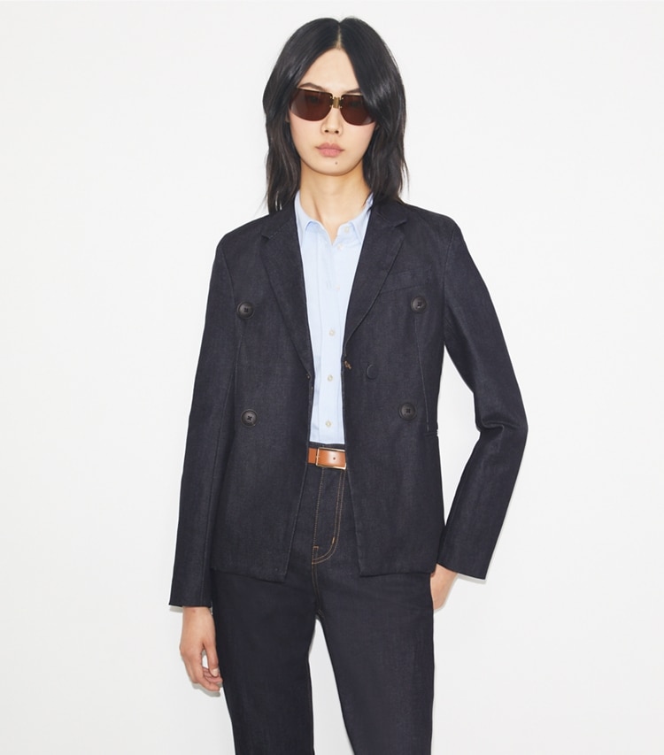 Tory Burch designer jackets Denim Blazer in Raw/Unwashed on model detail