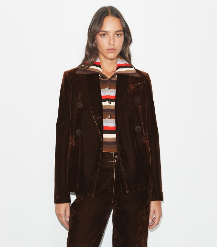 Tory Burch designer jackets Denim Blazer in Jasper Brown on model detail