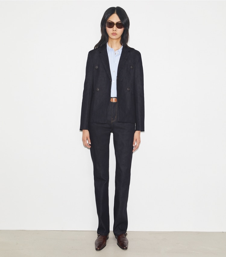 Tory Burch designer jackets Denim Blazer in Raw/Unwashed on model front