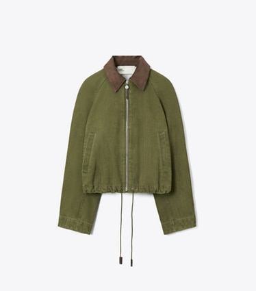 Tory Burch designer jackets Denim Bomber Jacket in Distressed Green front