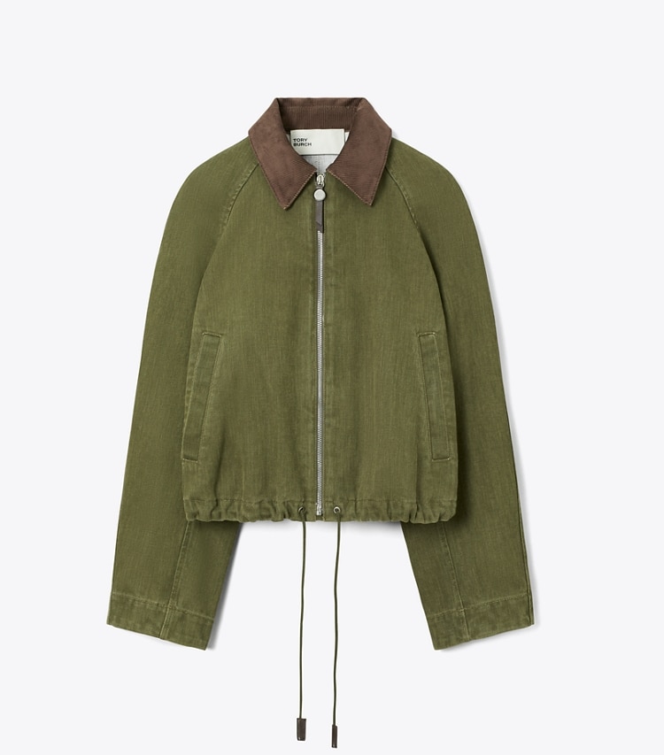 Tory Burch designer jackets Denim Bomber Jacket in Distressed Green front