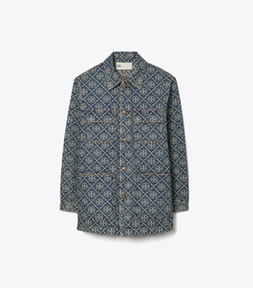 Tory Burch designer jackets Denim Cargo Barn Jacket in T-Monogram Vintage Wash front
