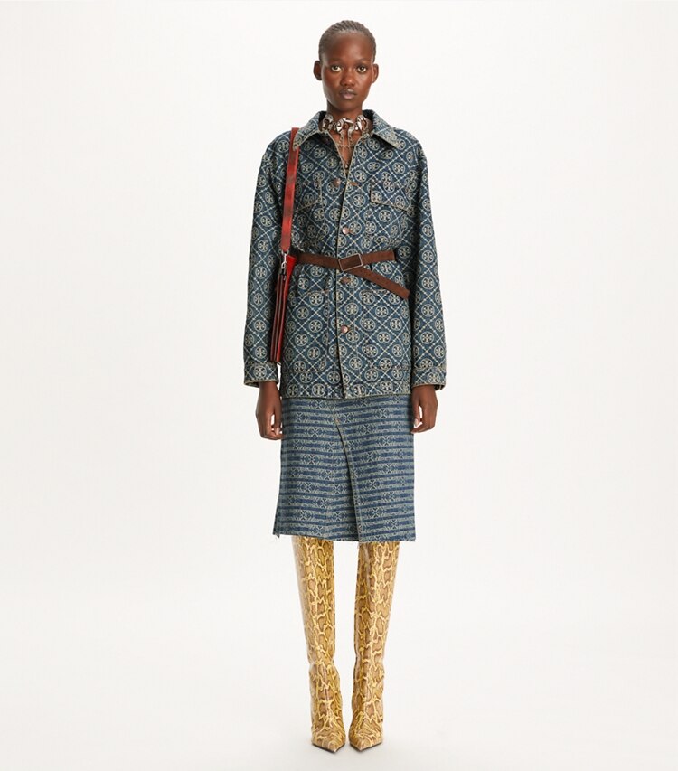 Tory Burch designer ジャケット デニム カーゴ バーン ジャケット in T-Monogram Vintage Wash モデル前面