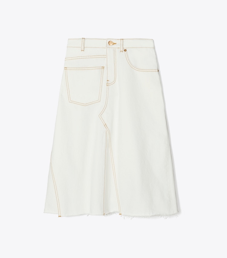 Tory Burch designer bottoms Denim Deconstructed Skirt in White Chalk Wash front
