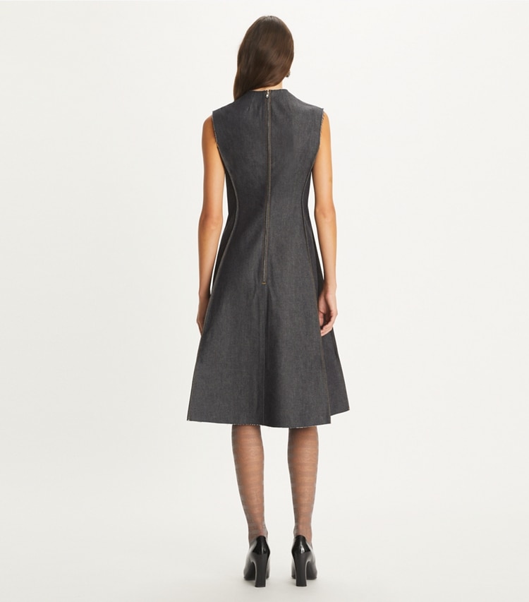 Tory Burch designer dresses Denim Dress in Unwashed TBD Raw Indigo Denim on model back