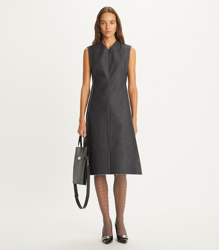 Tory Burch designer dresses Denim Dress in Unwashed TBD Raw Indigo Denim on model front