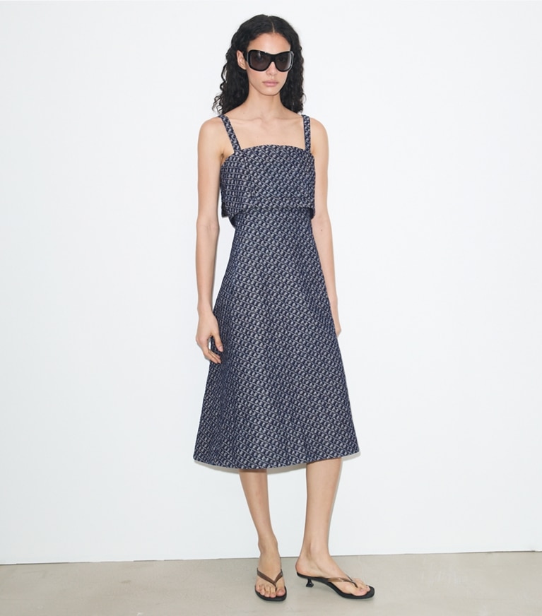 Tory Burch designer dresses Denim Dress in T Link Stone Wash on model front