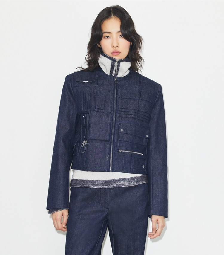 Tory Burch designer jackets Denim Handbag Jacket in Raw/Unwashed on model detail