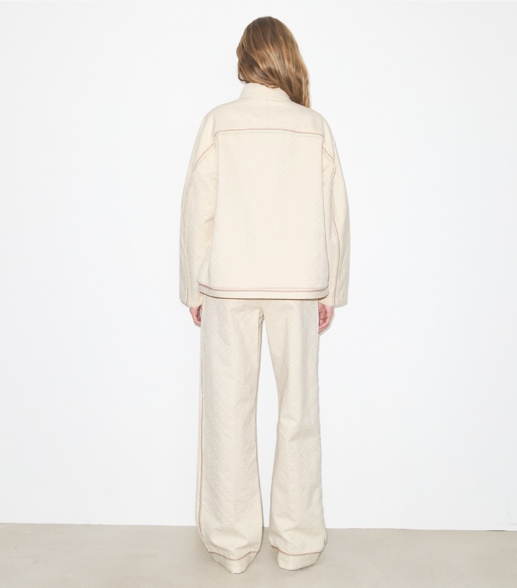 Tory Burch designer coats Denim Jacket in White/Ivory T Monogram on model back