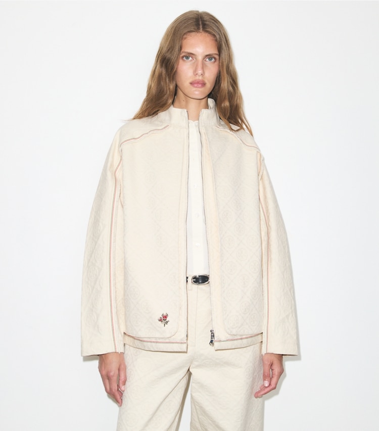 Tory Burch designer coats Denim Jacket in White/Ivory T Monogram on model detail