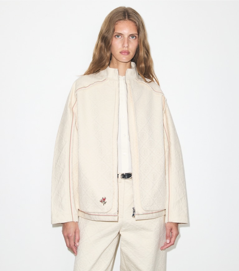 Tory Burch designer coats Denim Jacket in White/Ivory T Monogram on model detail