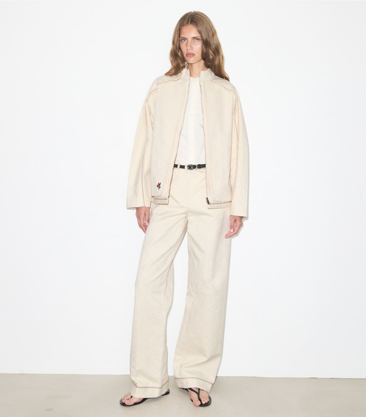 Tory Burch designer coats Denim Jacket in White/Ivory T Monogram on model front