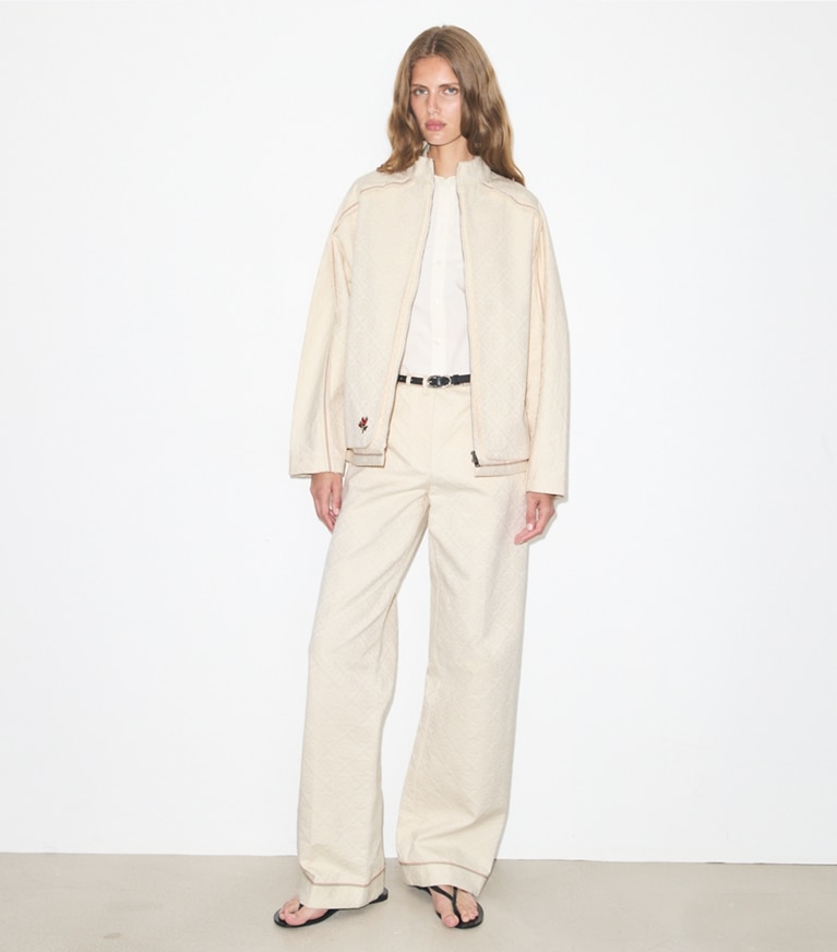 Tory Burch designer coats Denim Jacket in White/Ivory T Monogram on model front