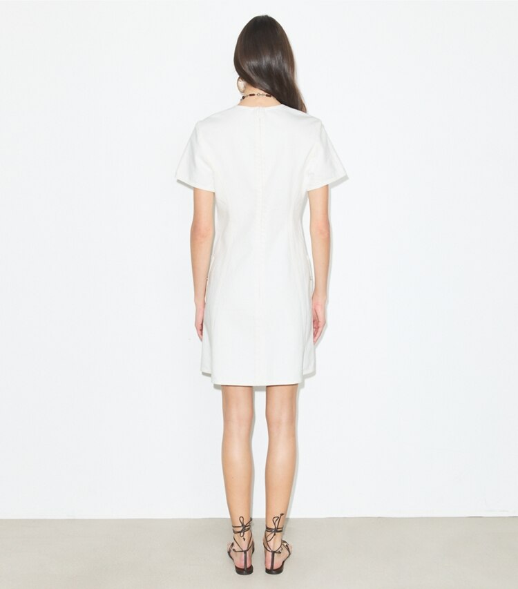 Tory Burch designer dresses Denim Mini Dress in White on model back