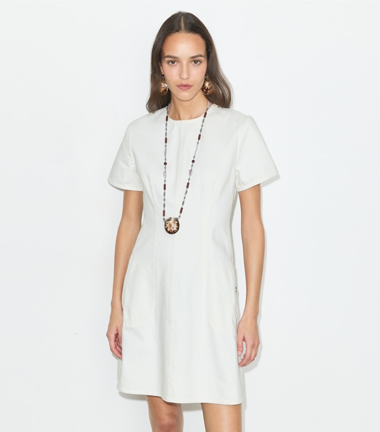 Tory Burch designer dresses Denim Mini Dress in White on model detail