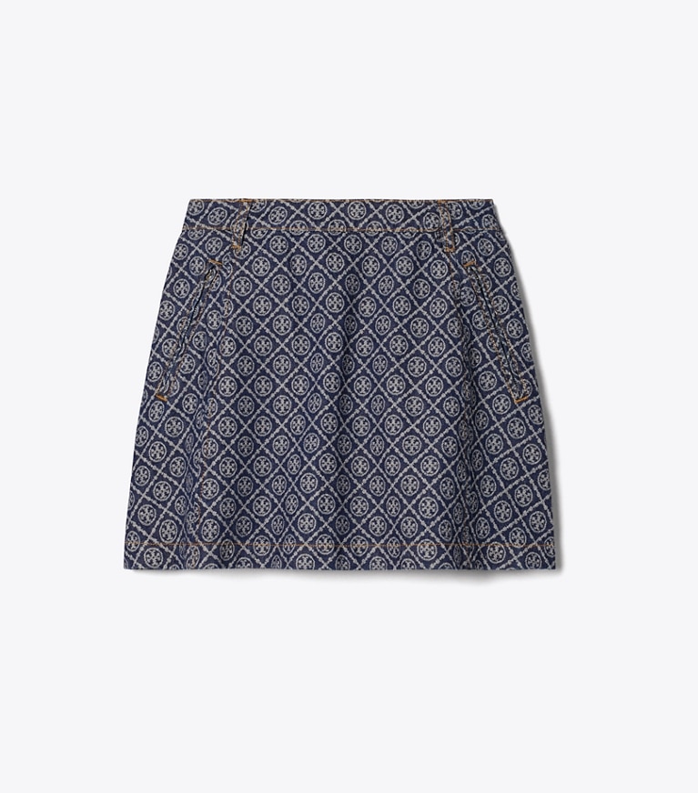 Tory Burch designer bottoms Denim Mini Skirt in T-Monogram Stone Wash front